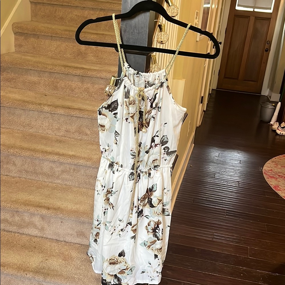 Floral Sleeveless Dress - White and Brown